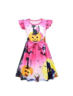 Jimdan Toddler Pumpkin Halloween Flutter Sleeve Dress for Girls