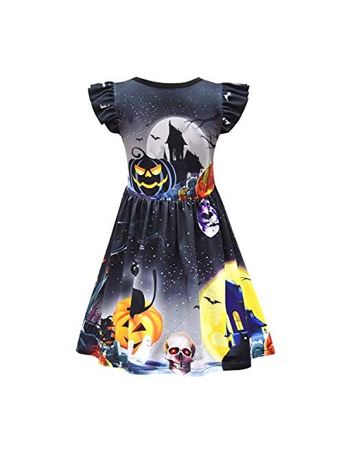 Jimdan Toddler Pumpkin Halloween Flutter Sleeve Dress for Girls