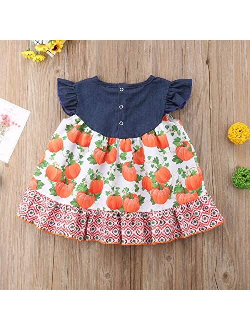 Halloween Pumpkin Print Toddler Kids Baby Girl Sleeveless Denim Patchwork A-line Dress Clothes Outfits 6M-5T