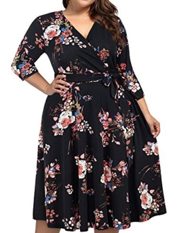 kissmay Plus Size Womens V Neck Floral Cocktail Party Midi Dresses with Pocket