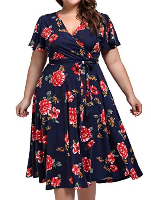 kissmay Plus Size Womens V Neck Floral Cocktail Party Midi Dresses with Pocket