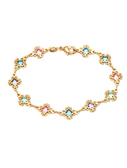 Barzel 18K Gold Plated Gold and Multi Color Crystal Baguette Anklet