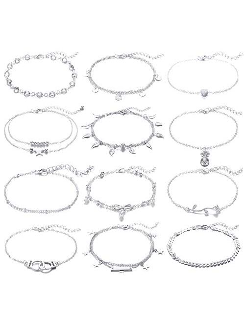 FUNEIA 12Pcs Anklets for Women Silver Gold Ankle Bracelets Set Boho Layered Beach Adjustable Chain Anklet Foot Jewelry