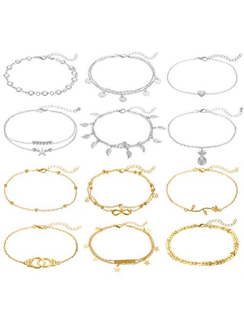 FUNEIA 12Pcs Anklets for Women Silver Gold Ankle Bracelets Set Boho Layered Beach Adjustable Chain Anklet Foot Jewelry