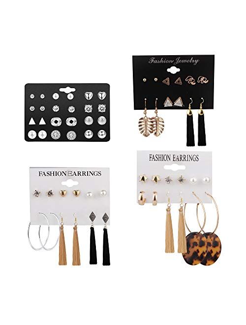 Udalyn 30-38 Pairs Assorted Multiple Stud Earrings Set for Women Girls Acrylic Round Ball CZ Bohemian Long Tassel Drop Earrings Statement Earrings