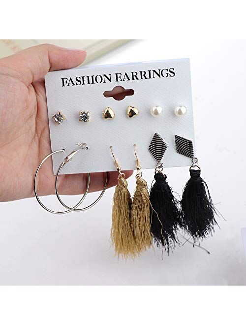 Udalyn 30-38 Pairs Assorted Multiple Stud Earrings Set for Women Girls Acrylic Round Ball CZ Bohemian Long Tassel Drop Earrings Statement Earrings