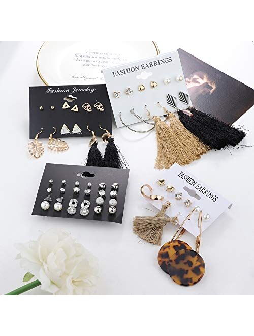 Udalyn 30-38 Pairs Assorted Multiple Stud Earrings Set for Women Girls Acrylic Round Ball CZ Bohemian Long Tassel Drop Earrings Statement Earrings