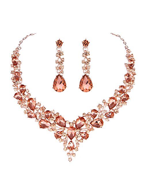 Molie Youfir Bridal Austrian Crystal Necklace and Earrings Jewelry Set Gifts fit with Wedding Dress