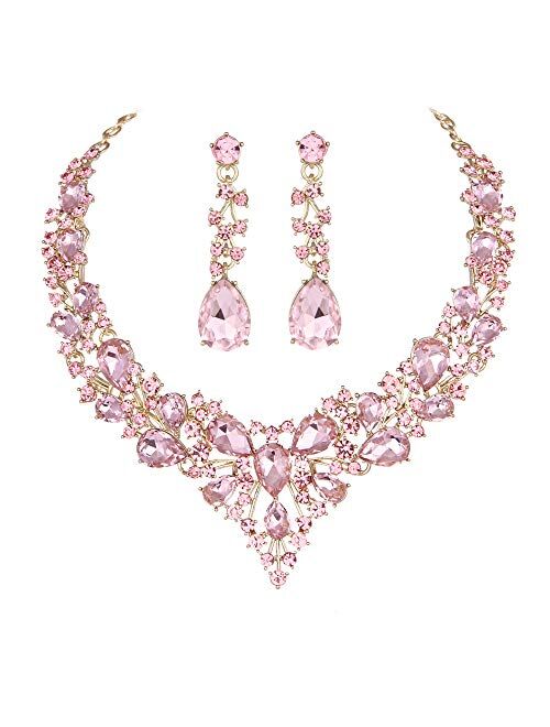 Molie Youfir Bridal Austrian Crystal Necklace and Earrings Jewelry Set Gifts fit with Wedding Dress