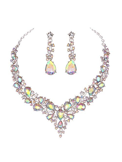 Molie Youfir Bridal Austrian Crystal Necklace and Earrings Jewelry Set Gifts fit with Wedding Dress