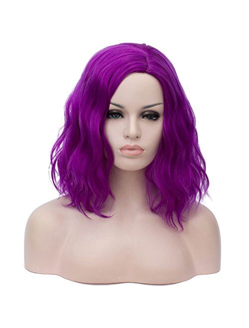 Cying Lin Short Bob Wavy Curly Wig Dark Purple Wig For Women Cosplay Halloween Wigs Heat Resistant Bob Party Wig