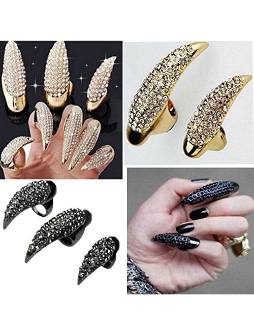 Bestga 10 PCS Halloween Costume Claws Fake Nails Ring Set, Gothic Punk 3 Sizes Crystal Full Finger Rings Paved Paw Bend Fingertip Fingernail Claw Girls Women Men Ring Fal