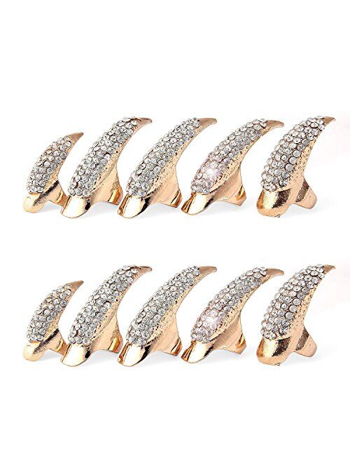 Bestga 10 PCS Halloween Costume Claws Fake Nails Ring Set, Gothic Punk 3 Sizes Crystal Full Finger Rings Paved Paw Bend Fingertip Fingernail Claw Girls Women Men Ring Fal