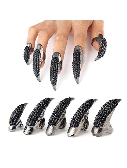 Bestga 10 PCS Halloween Costume Claws Fake Nails Ring Set, Gothic Punk 3 Sizes Crystal Full Finger Rings Paved Paw Bend Fingertip Fingernail Claw Girls Women Men Ring Fal