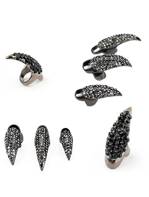 Bestga 10 PCS Halloween Costume Claws Fake Nails Ring Set, Gothic Punk 3 Sizes Crystal Full Finger Rings Paved Paw Bend Fingertip Fingernail Claw Girls Women Men Ring Fal