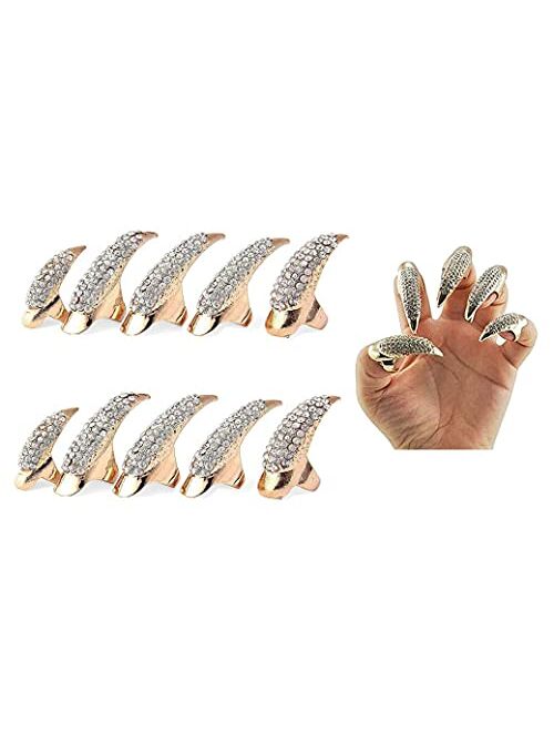 Bestga 10 PCS Halloween Costume Claws Fake Nails Ring Set, Gothic Punk 3 Sizes Crystal Full Finger Rings Paved Paw Bend Fingertip Fingernail Claw Girls Women Men Ring Fal