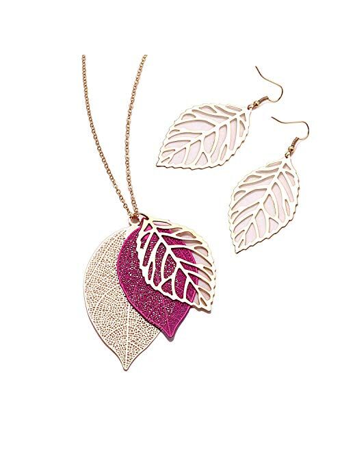 NVENF Leaf Earrings and Long Necklaces Set for Women Boho Gold-Tone Multi Tiered Leaves Delicate Chain Dangle Necklace SimpleLeaf Statement Dangling Earrings