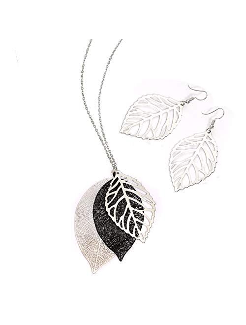 NVENF Leaf Earrings and Long Necklaces Set for Women Boho Gold-Tone Multi Tiered Leaves Delicate Chain Dangle Necklace SimpleLeaf Statement Dangling Earrings