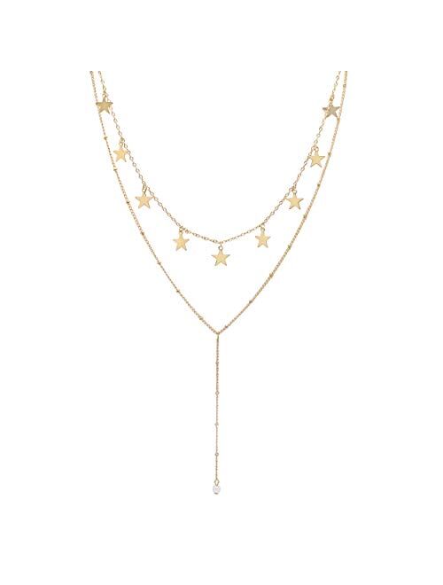 Aisansty Dainty Layered Choker Necklaces Handmade Coin Tube Star Pearl Pendant Multilayer Adjustable Layering Chain Gold Plated Necklaces Set for Women Girls