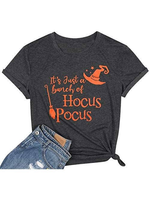 It's Just a Bunch of Hocus Pocus Shirt Women Halloween Tshirt Witch Broom Tee Graphic Funny Top