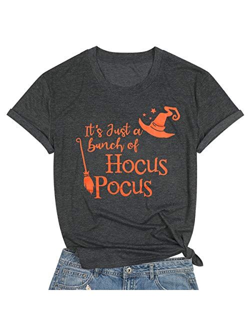 It's Just a Bunch of Hocus Pocus Shirt Women Halloween Tshirt Witch Broom Tee Graphic Funny Top