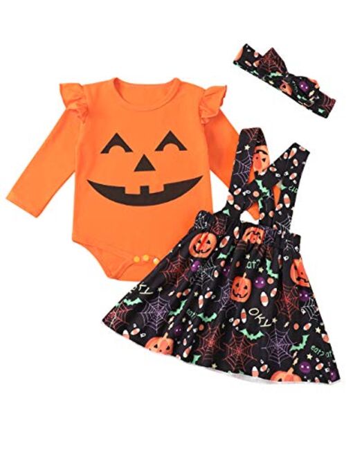 bilison Newborn Baby Girl Halloween Clothes Pumpkin Smile Ruffle Sleeve Romper +Floral Suspender Shirt Headband Outfits