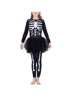 Enlifety Girls Boys Halloween Bodysuit Novelty 3D Skeleton Print Jumpsuit 7-14T