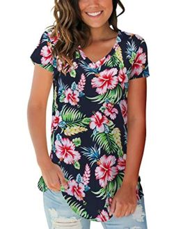 SAMPEEL Navy Blue Basic V Neck Short Sleeve Floral Casual Top