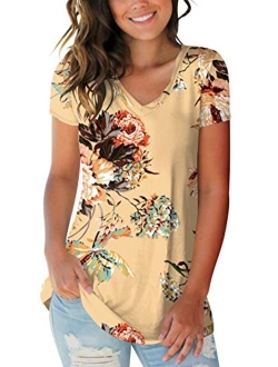 SAMPEEL Navy Blue Basic V Neck Short Sleeve Floral Casual Top