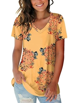 SAMPEEL Navy Blue Basic V Neck Short Sleeve Floral Casual Top