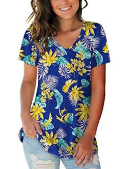 SAMPEEL Navy Blue Basic V Neck Short Sleeve Floral Casual Top