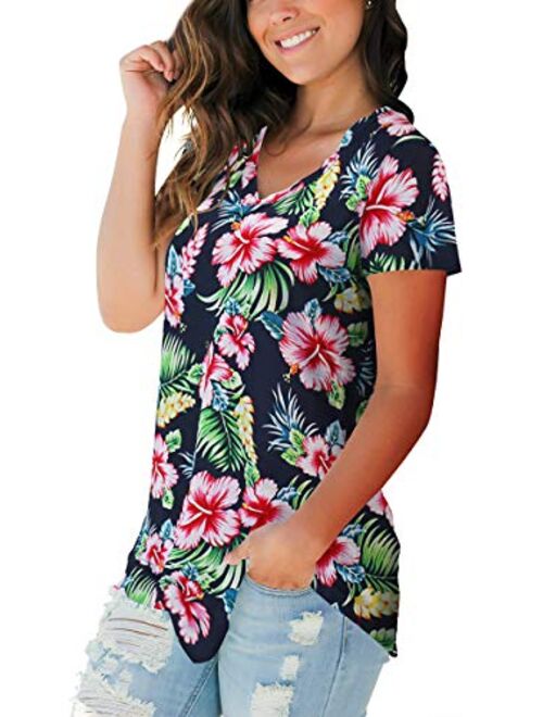 SAMPEEL Navy Blue Basic V Neck Short Sleeve Floral Casual Top