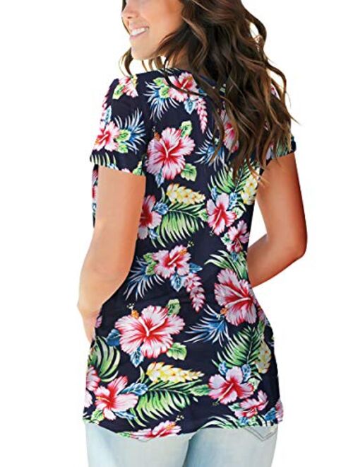 SAMPEEL Navy Blue Basic V Neck Short Sleeve Floral Casual Top