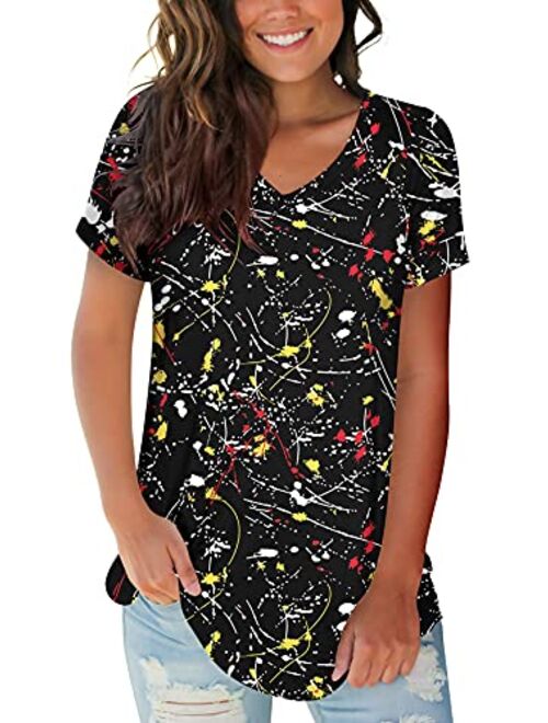 SAMPEEL Navy Blue Basic V Neck Short Sleeve Floral Casual Top