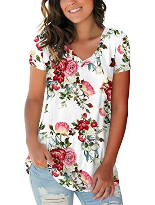 SAMPEEL Navy Blue Basic V Neck Short Sleeve Floral Casual Top