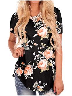 NIASHOT Black Short Sleeve Loose Casual V-Neck Floral T-Shirt