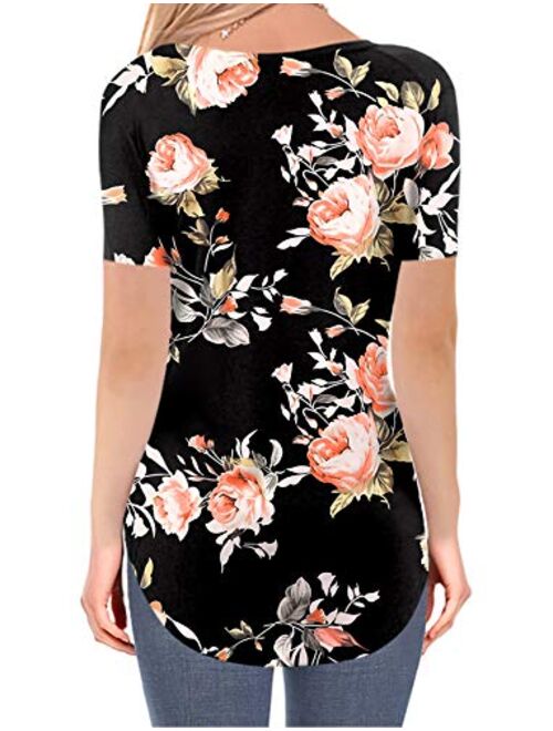 NIASHOT Black Short Sleeve Loose Casual V-Neck Floral T-Shirt