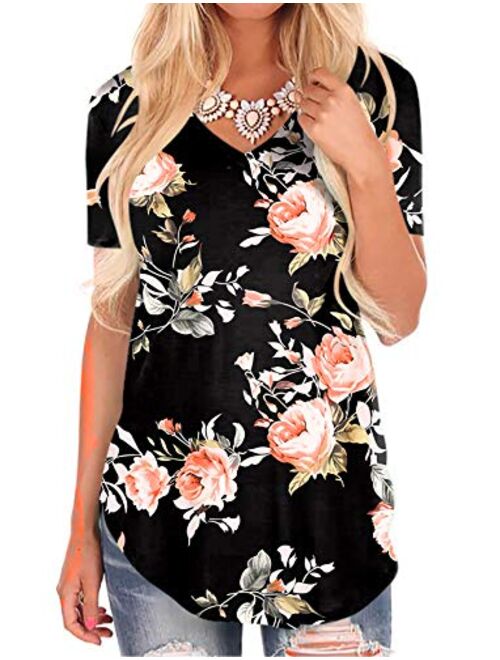 NIASHOT Black Short Sleeve Loose Casual V-Neck Floral T-Shirt