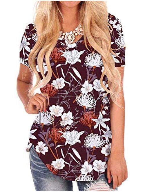 NIASHOT Black Short Sleeve Loose Casual V-Neck Floral T-Shirt