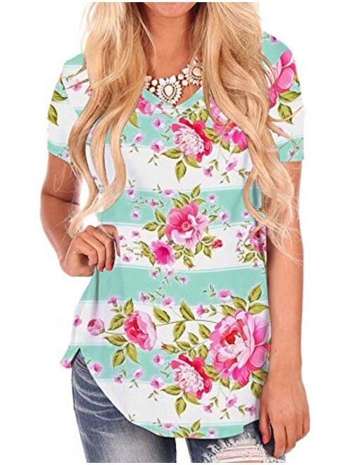 NIASHOT Black Short Sleeve Loose Casual V-Neck Floral T-Shirt