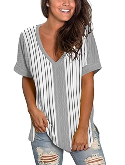 SAMPEEL Women's Tops Summer Short Sleeve Shirts V Neck T Shirt Side Split Loose Fit Tunic