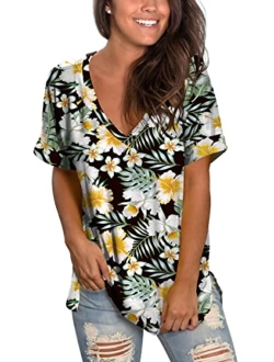 SAMPEEL Women's Tops Summer Short Sleeve Shirts V Neck T Shirt Side Split Loose Fit Tunic