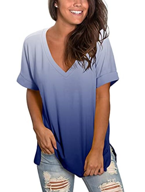 SAMPEEL Women's Tops Summer Short Sleeve Shirts V Neck T Shirt Side Split Loose Fit Tunic