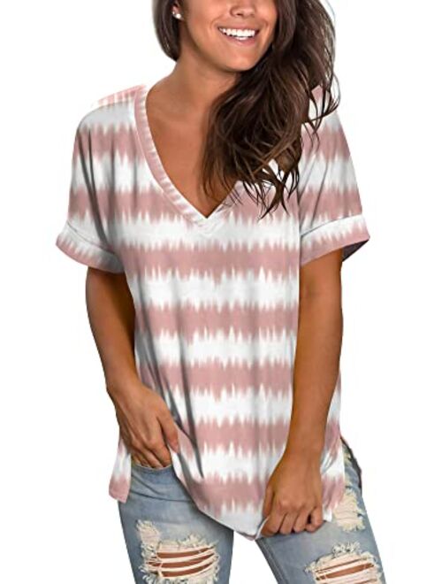 SAMPEEL Women's Tops Summer Short Sleeve Shirts V Neck T Shirt Side Split Loose Fit Tunic