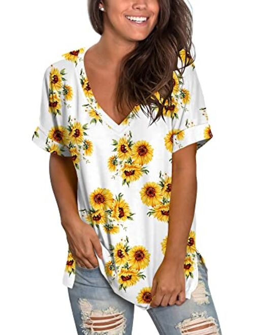 SAMPEEL Women's Tops Summer Short Sleeve Shirts V Neck T Shirt Side Split Loose Fit Tunic