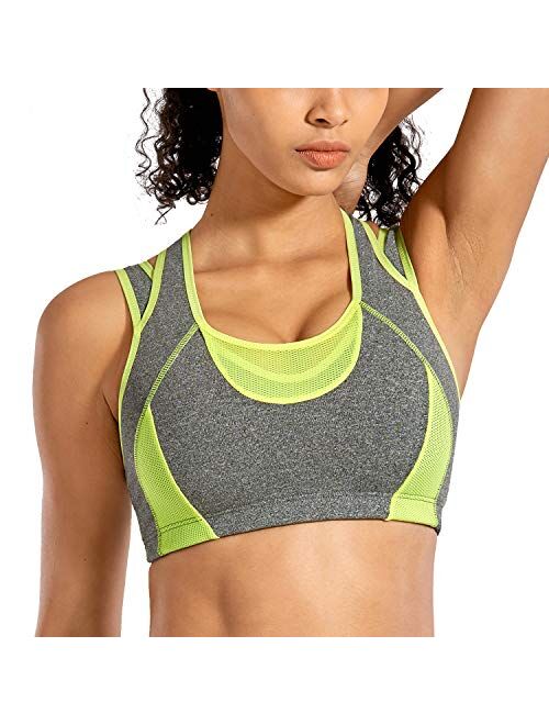 SYROKAN Women's Workout Sports Bra High Impact Support Bounce Control Wirefree Mesh Racerback Top