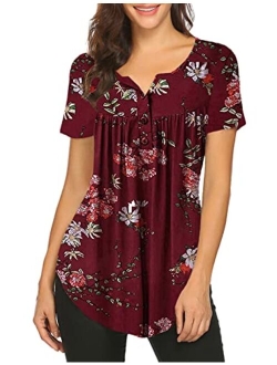 Women's Floral Printed Short Sleeve Henley V Neck T-Shirt Pleated Casual Flowy Tunic Blouse Tops