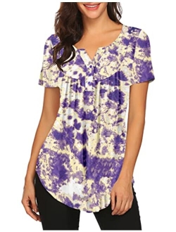 Women's Floral Printed Short Sleeve Henley V Neck T-Shirt Pleated Casual Flowy Tunic Blouse Tops