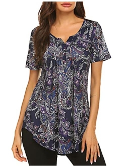 Women's Floral Printed Short Sleeve Henley V Neck T-Shirt Pleated Casual Flowy Tunic Blouse Tops