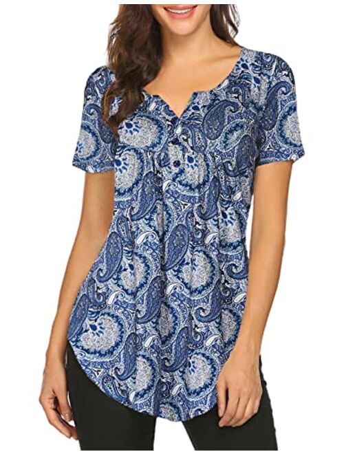 Women's Floral Printed Short Sleeve Henley V Neck T-Shirt Pleated Casual Flowy Tunic Blouse Tops